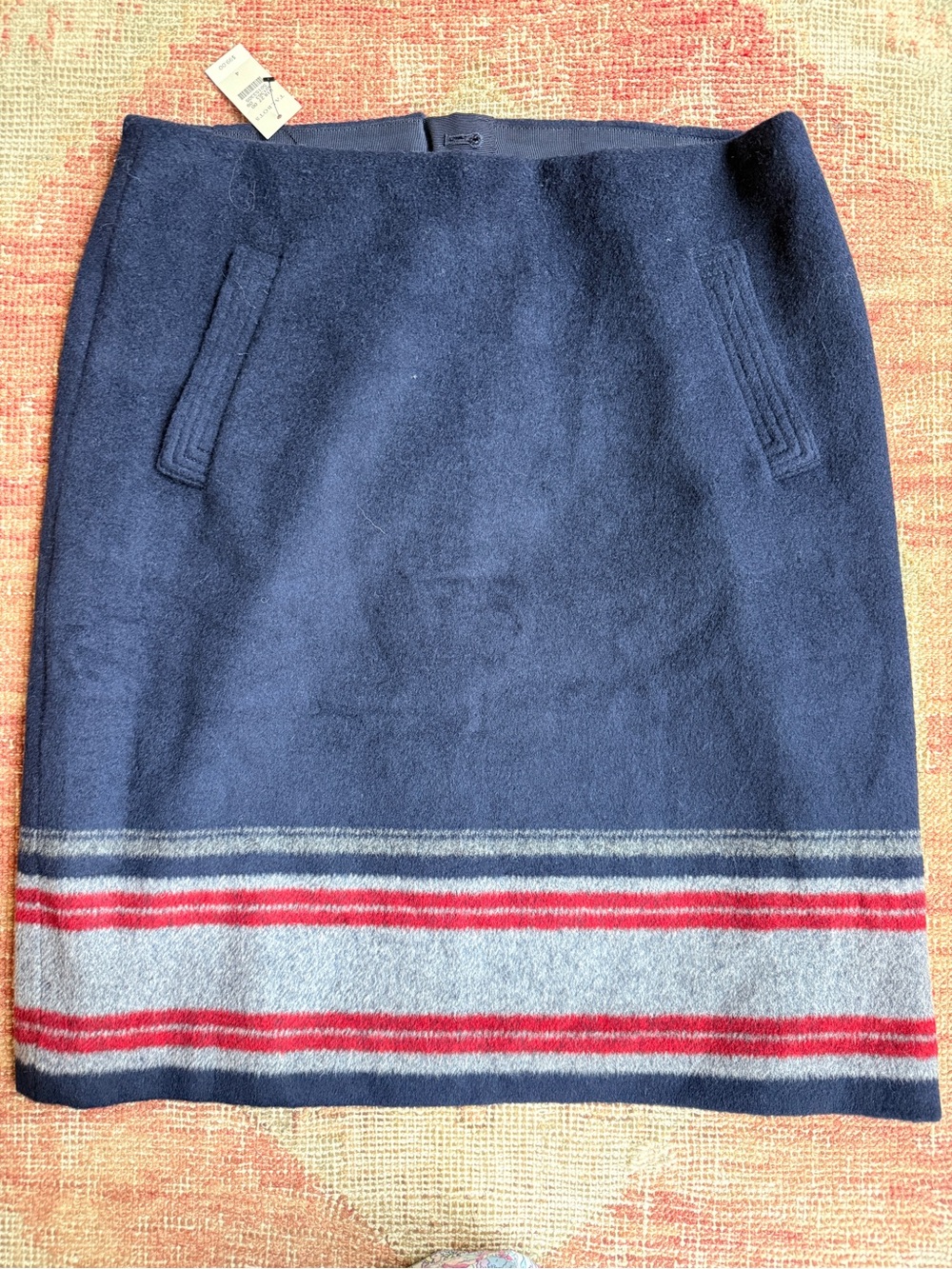New with tags fall wool Navy Skirt with Gray and Red Stripe Hem